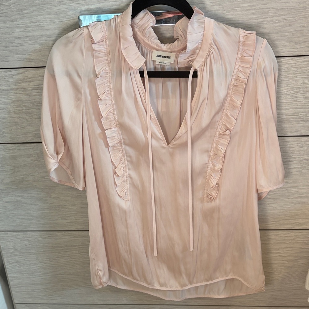 Zadig & Voltaire Pale Blush Ruffle Tie-Neck Blouse